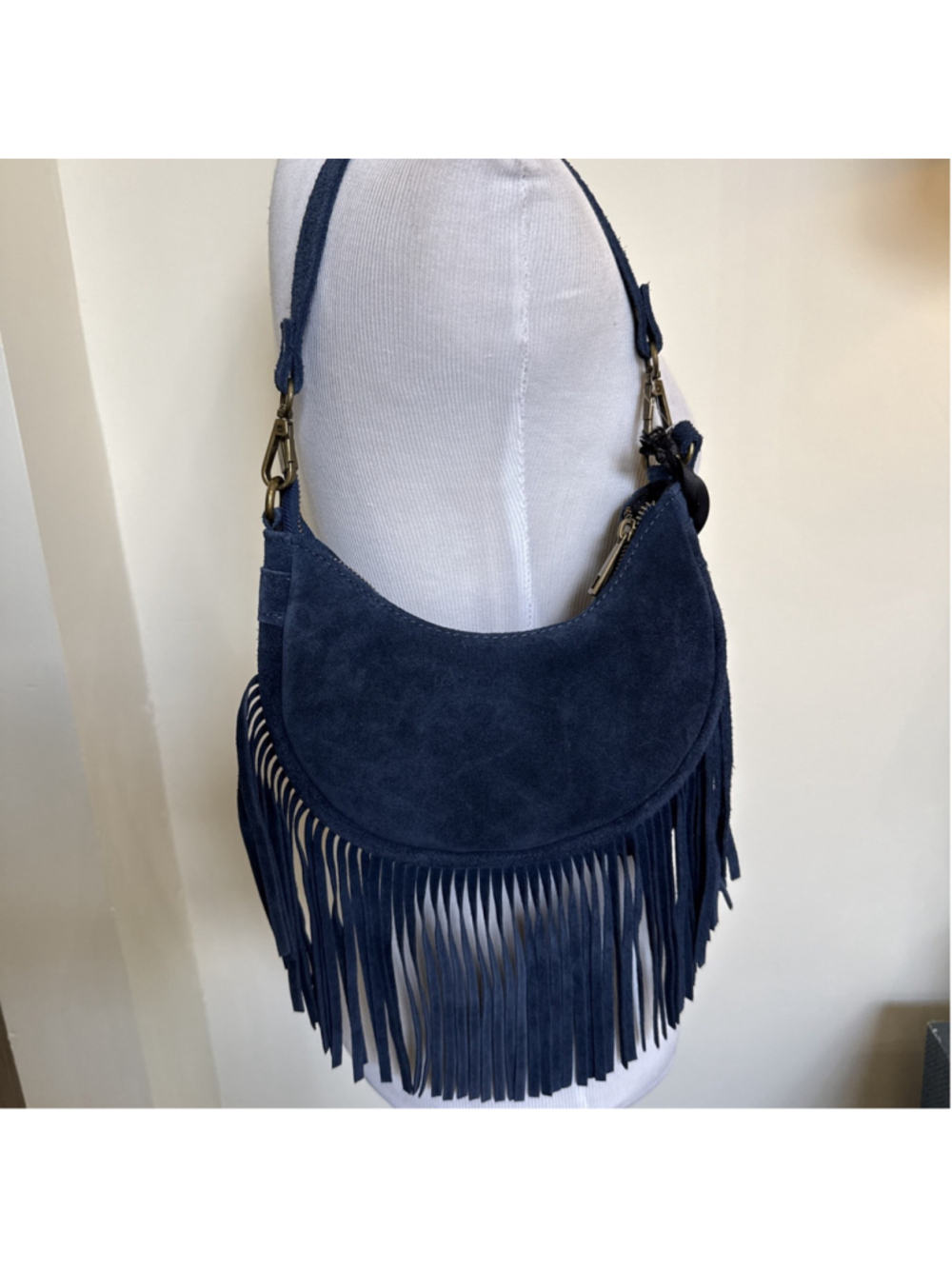 Marlon Italy Suede Fringe Crescent Hobo Bag Navy Blue Western Cowgirl Boho NWT